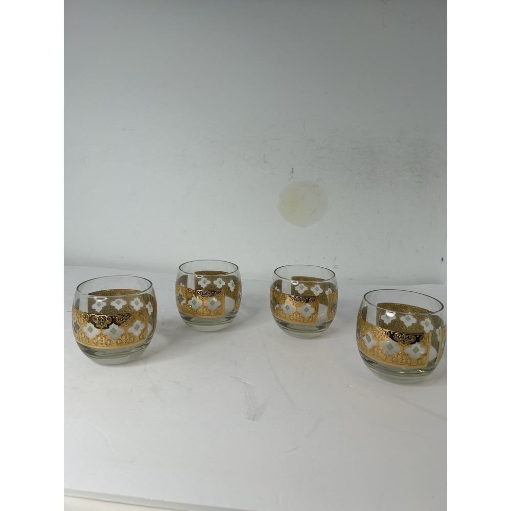 Culver Valencia 22k Gold & Green Roly Poly Glasses Set of 4 Vintage